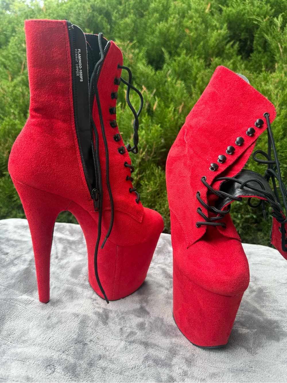 Pleaser Red Suede Platform Lace-Up Stiletto Ankle Boots